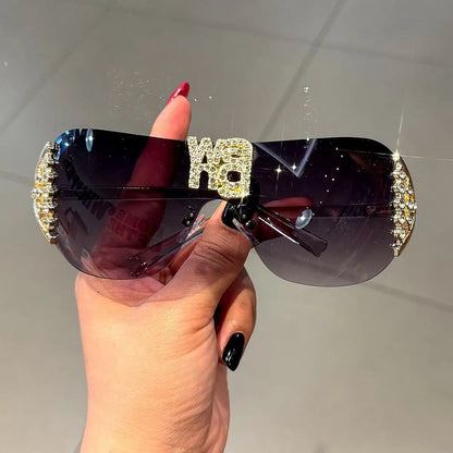 Luxury y2k Rimless Women's Sunglasses with Rhinestone Letters Brand Designer Sun Glasses for Outdoor UV400 Lunettes de soleil