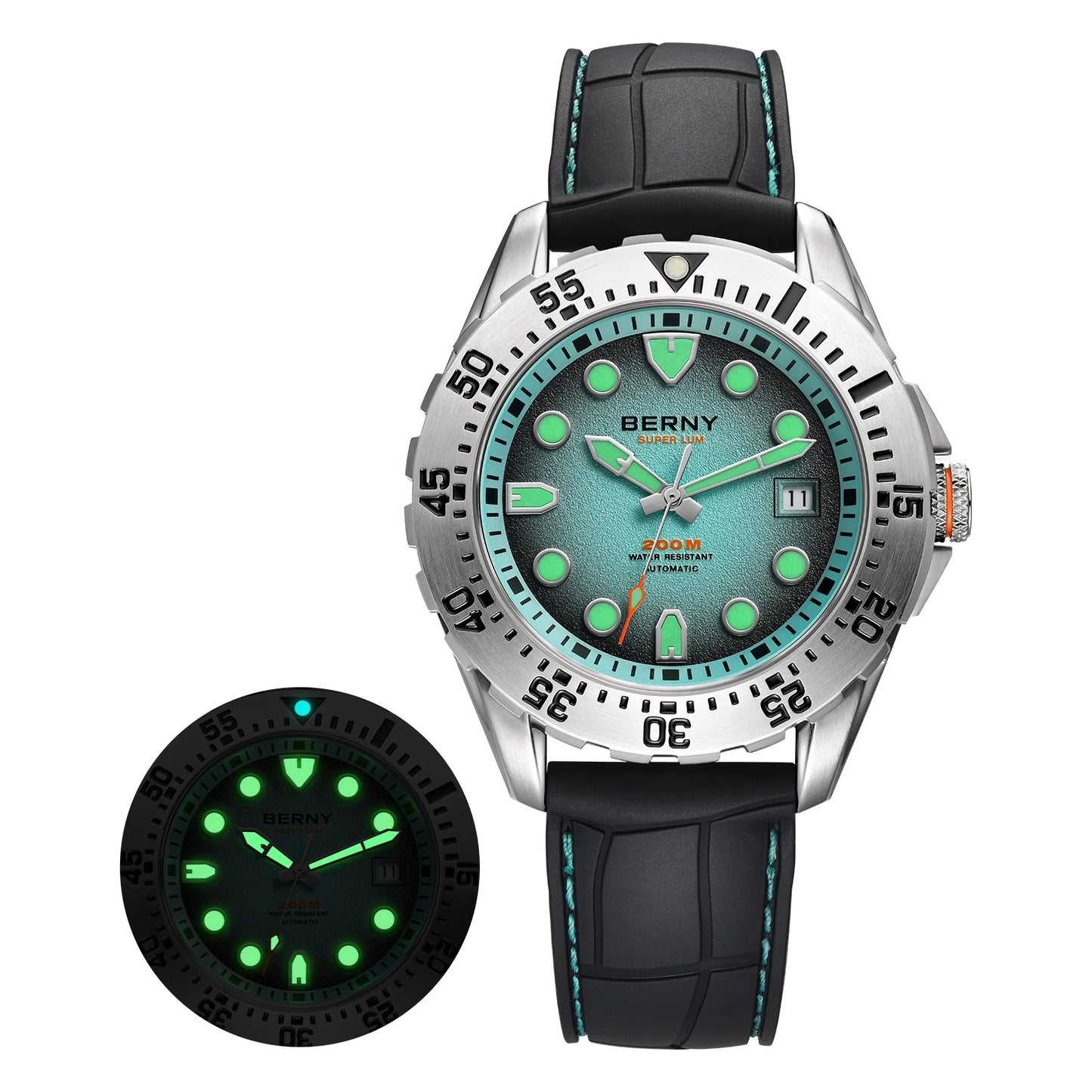 BERNY Men's Automatic Diver Watch Supper Luminous Sapphire AR Coated MIYOTA 8215 316LStainless Steel Single Crown Diving Watches