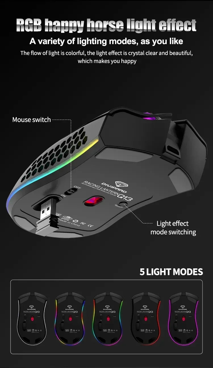 BM600 Wireless Gaming Mouse USB 2.4GHz Rechargeable RGB Wireless Mouse, Ergonomic Honeycomb Optical Mouse for PC, Laptop & Office