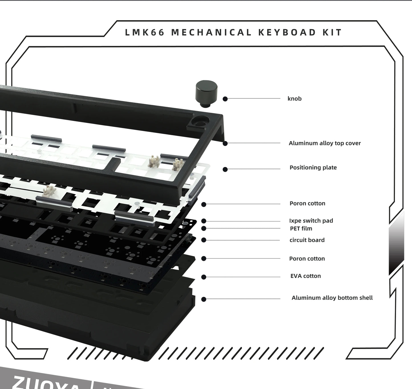 ZUOYA LMK66 3 Mode Mechanical Keyboard Kit Aluminum Wireless Gaming Keyboard 60% Bluetooth 2.4G RGB Hotswap  Gasket Structure