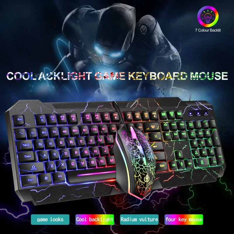 Conjunto de Teclado e Rato Gaming com Fios para Computador de Secretária, Sensação Mecânica e Retroiluminação LED