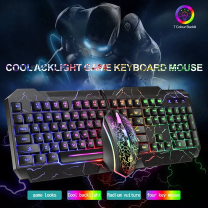 Conjunto de Teclado e Rato Gaming com Fios para Computador de Secretária, Sensação Mecânica e Retroiluminação LED
