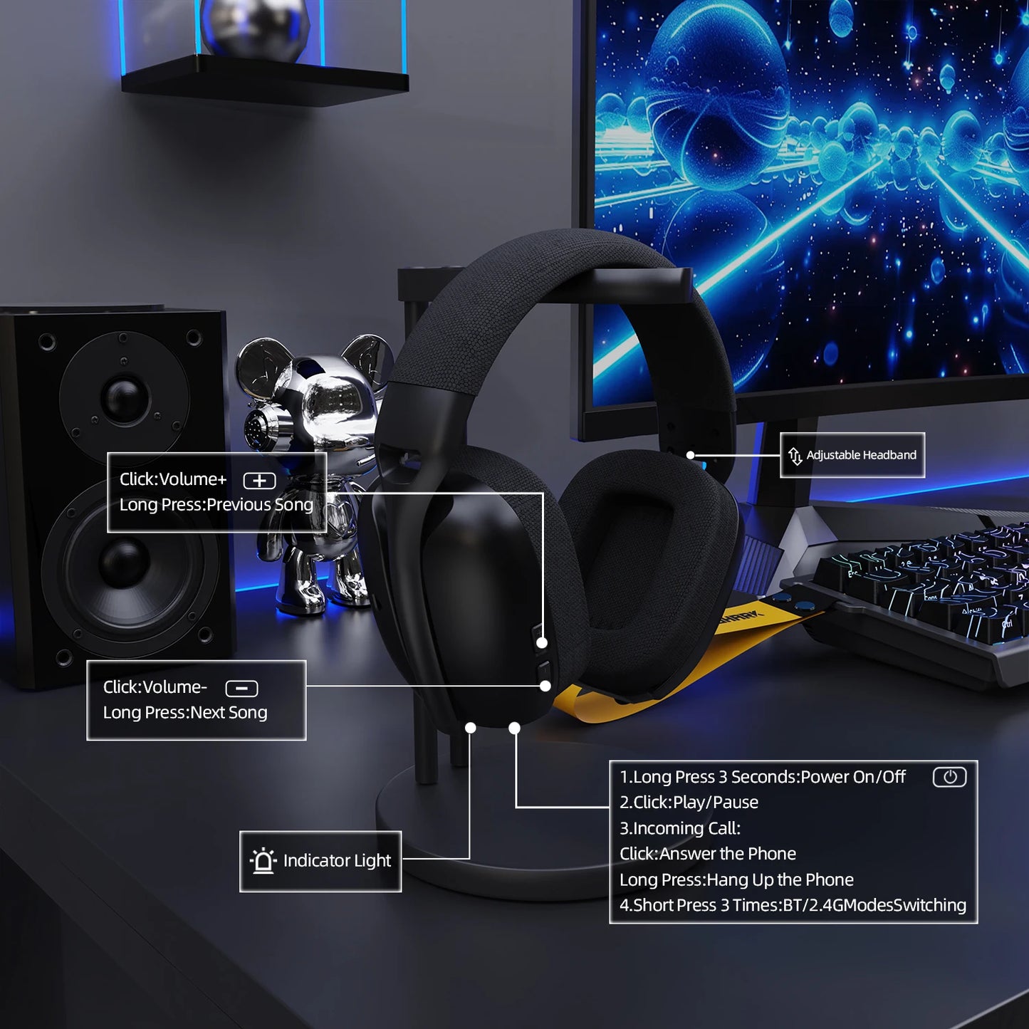 ATTACK SHARK L80PRO Auscultadores Gaming 3 em 1 – Auscultadores Bluetooth sem fios de baixa latência com microfone duplo, som Hi-Fi 40mm e ligação estável para gaming