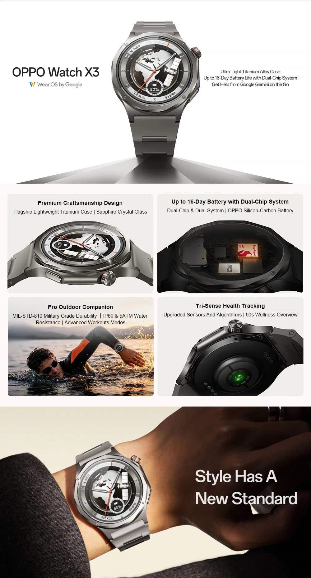 EU version OPPO watch X3 smartwatch Wear OS by Google Sleep 16-Day Battery Life SpO2 Blood Oxygen Monitoring IP69 Google Wallet