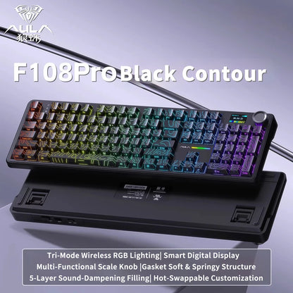 Teclado Mecânico AULA F108 PRO Personalizado Layout 100% Retroiluminação RGB Sem Fios Bluetooth Interruptores Hi-Fi Teclado Gaming