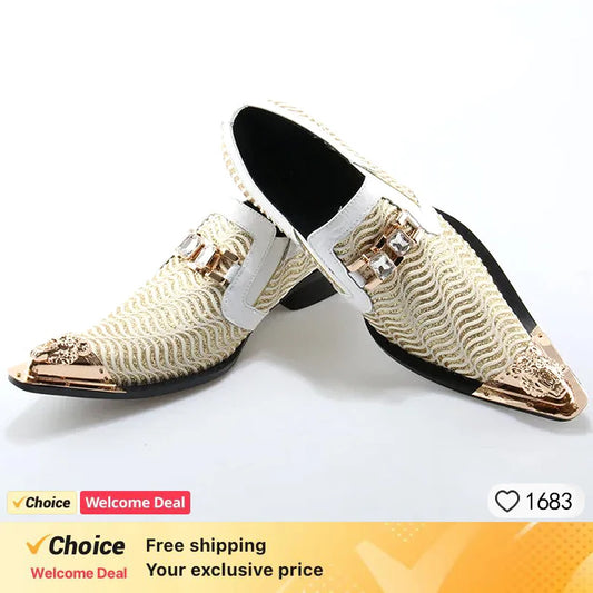 Men's Luxury White Gold Metal Toe Oxford Elegant Loafers Slip-On Dress Shoes Formal Wedding Party PU Leather Shoes Size 38-46