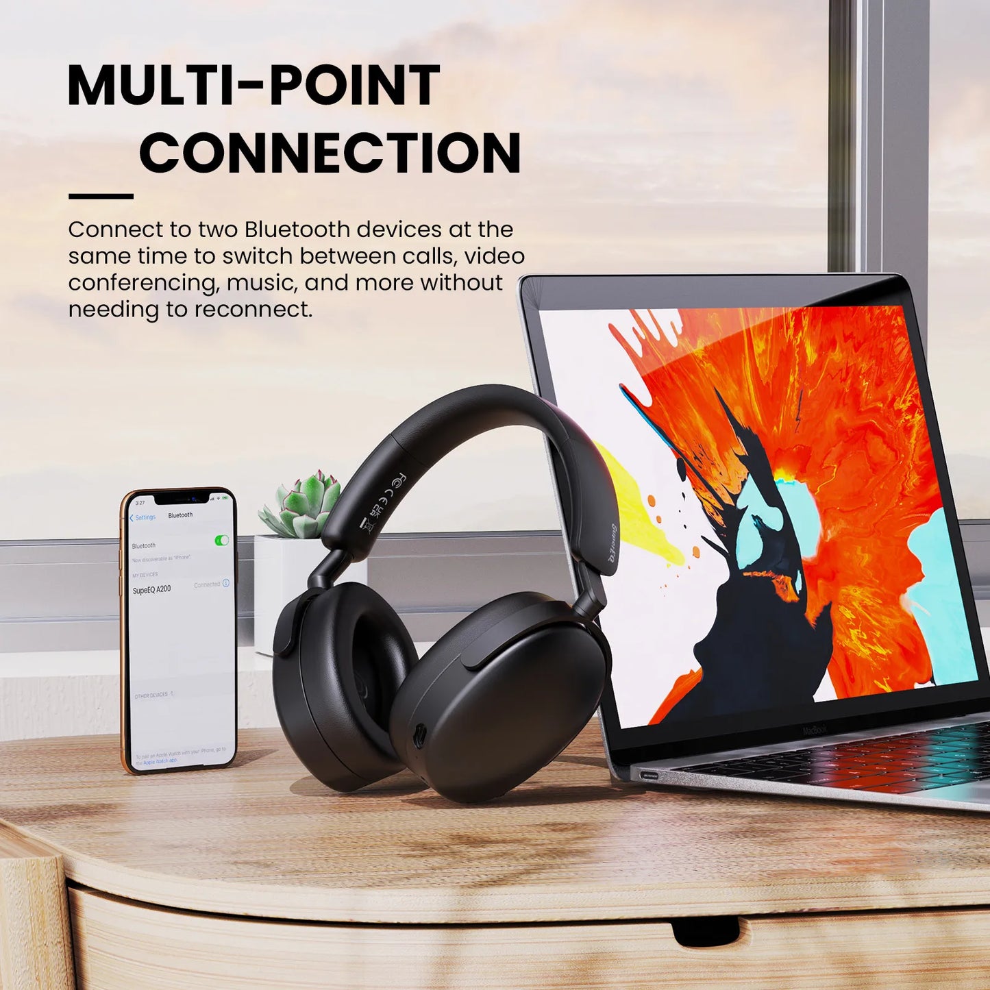 Auscultadores Bluetooth 5.4 Sem Fios Oneodio SuperEQ A200 ANC – Auscultadores Over-Ear com Cancelamento de Ruído, Microfone ENC, Áudio Hi-Res e Controlo por App