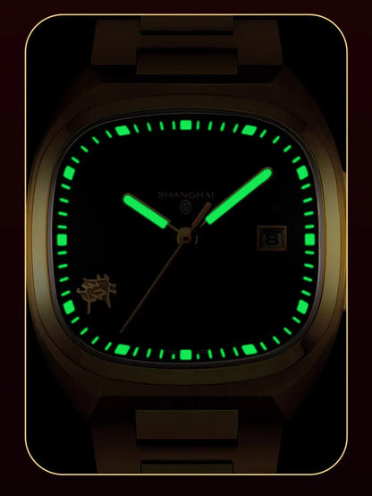 Shanghai Square Vintage Mechanical Watch 24K Gold Automatic Men's Watches 38mm Case 316L Stainless Steel Luxury Wristwatch SH030