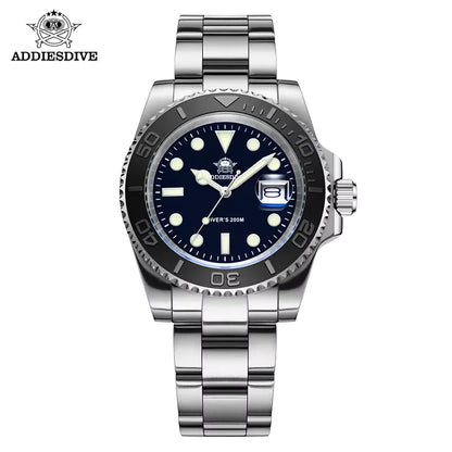 ADDIESDIVE Men's Quartz Watch 200m Waterproof Ceramic Bezel Steel Watch Magnifying Mirror Glass BGW9 Blue Luminous Diving Watch
