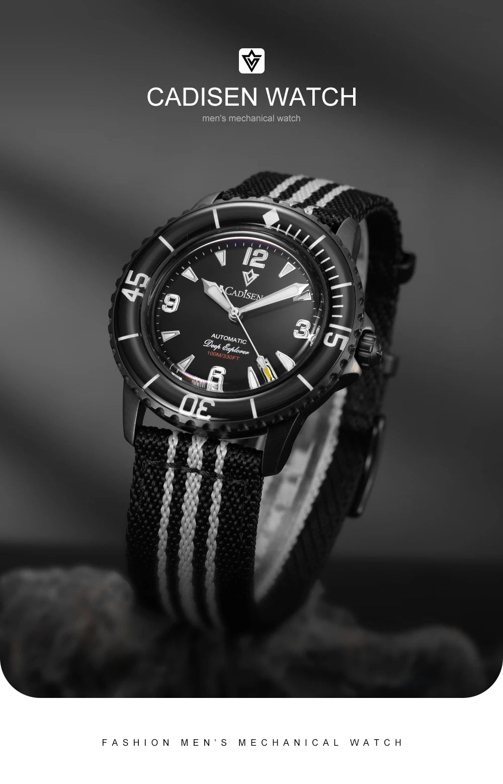 CADISEN Deep Explorer 2025 New Automatic Mechanical Watch Man Canvas Strap Wristwatch 8215 Luxury Luminous Waterproof Watches