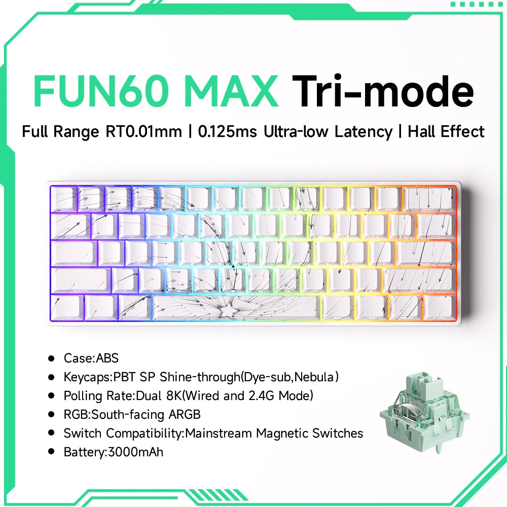 MONSGEEK FUN60 PRO&MAX HE Teclado mecânico 60% sem fios para gaming com switches magnéticos, Rapid Trigger 8K, ARGB e personalização