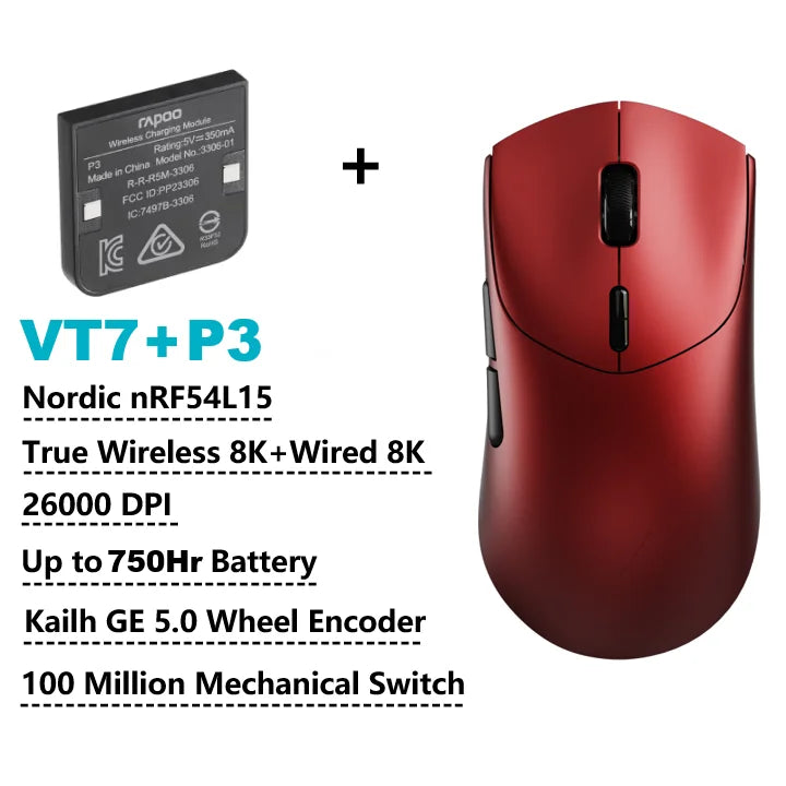 Rapoo GEN-2 VT7 Wireless Gaming Mouse, 8K Polling Rate, 53g Lightweight Gaming Mouse, 26K DPI, Macro Enabled, Rechargeable Gaming Mouse