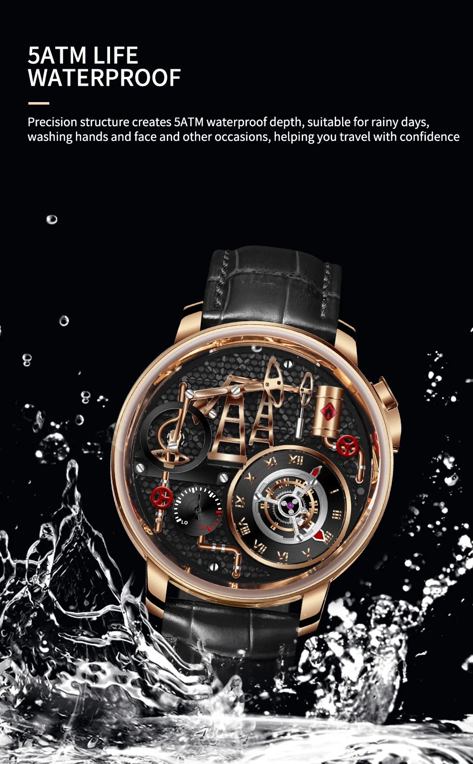 Orologio da uomo PINDU NEW TOP al quarzo con pulsante pompa olio, stile business, 45.5MM, vetro zaffiro, impermeabile, cinturino in pelle