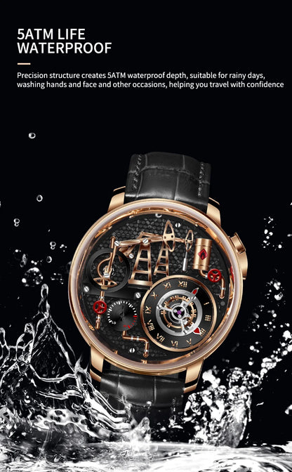 Orologio da uomo PINDU NEW TOP al quarzo con pulsante pompa olio, stile business, 45.5MM, vetro zaffiro, impermeabile, cinturino in pelle