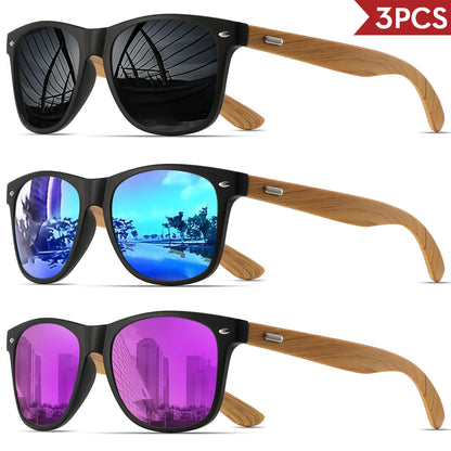 3PCS Bamboo Texture Square Sunglasses UV400, Fashion Unisex Classic - Lightweight for Casual Wear & Holidays
