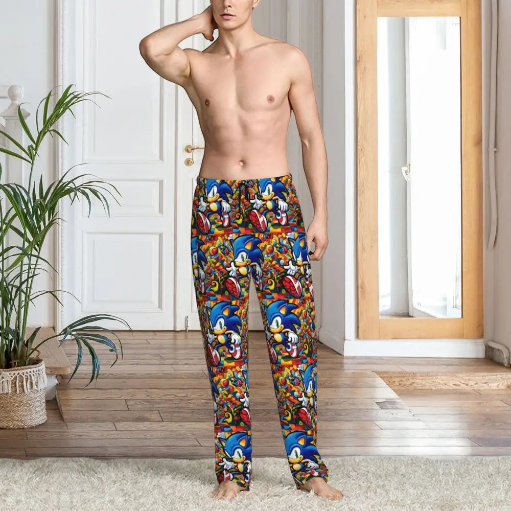 Custom Print Men's Soniced Pajama Pants Hedgehog Game Sleepwear Sleep Lounge Bottoms with Pockets