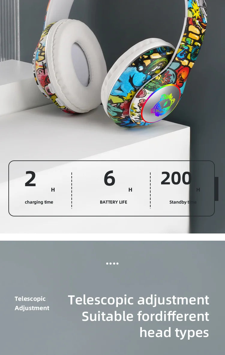 Auscultadores Gaming Bluetooth Sem Fios New Graffiti LX-8686 com Microfone, Iluminação LED, Suporte para Cartão TF, Graves Profundos e Design Over-Ear para PC, Gaming e Crianças