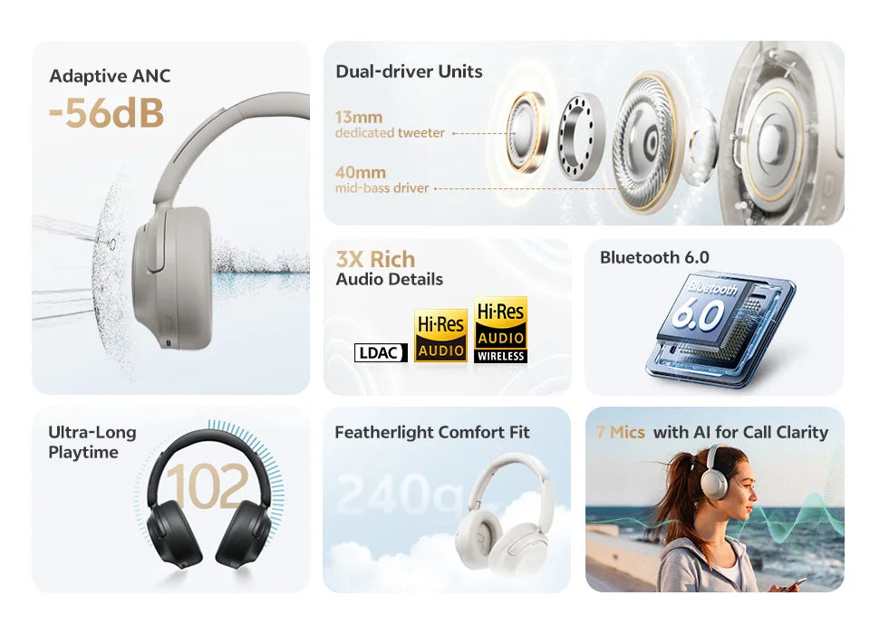 QCY H3S -56dB Adaptive ANC Over Ear Bluetooth 6.0 Headphones – Hi-Res LDAC Wireless Headset, 102H Battery, Dual Driver Spatial Sound