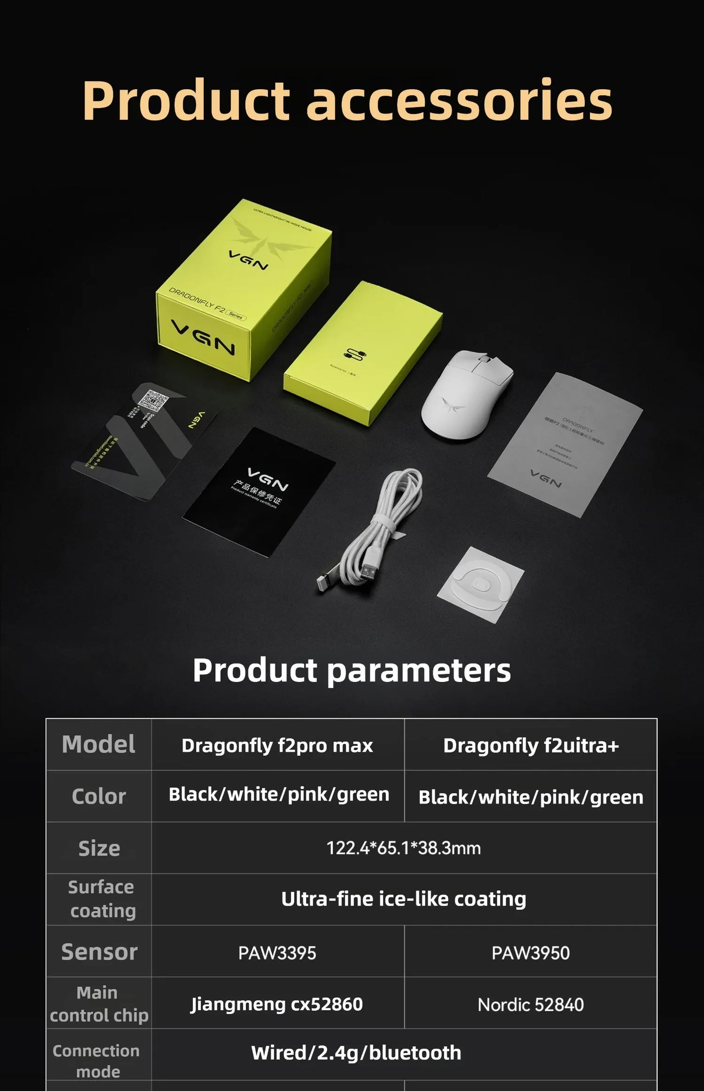 VGN Dragonfly F2 ProMax/Ultra e-sports gaming miš 42000DPI 0.125ms za Csgo latenciju, žični/bežični Dual 8K, 3 načina rada, PAW3395/3950