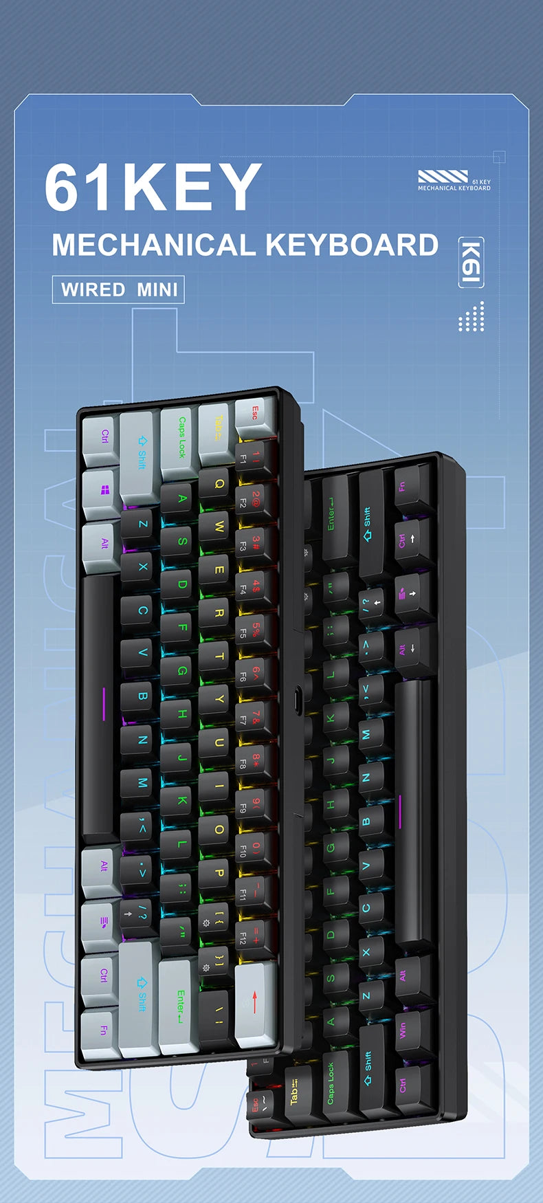 Teclado mecânico gaming com fios APAYADO K61 60% Mini Phantom RGB, 61 teclas, switches vermelhos/azuis, ergonómico, portátil para PC/portátil