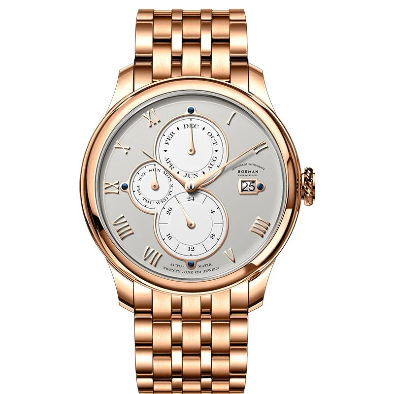 Luxury Brand BORMAN Automatic Mechanical Men's Watches Sapphire 50M Waterproof Multi-function Dial Retro Leather Clocks BM18011