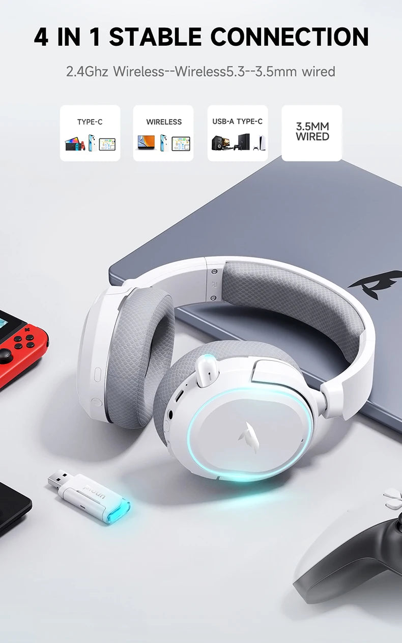 Auscultadores Gaming Sem Fios Picun G2 Bluetooth 5.3 – Som Surround 7.1, Baixa Latência de 5ms e Microfone ENC para PC, PS5, PS4, Switch e Mobile