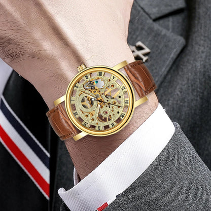 T-Winner Popular Lovers Skeleton Design Gold Watches Mechanical Hand Wind Movement PU Leather Strap Wristwatch for Men Women