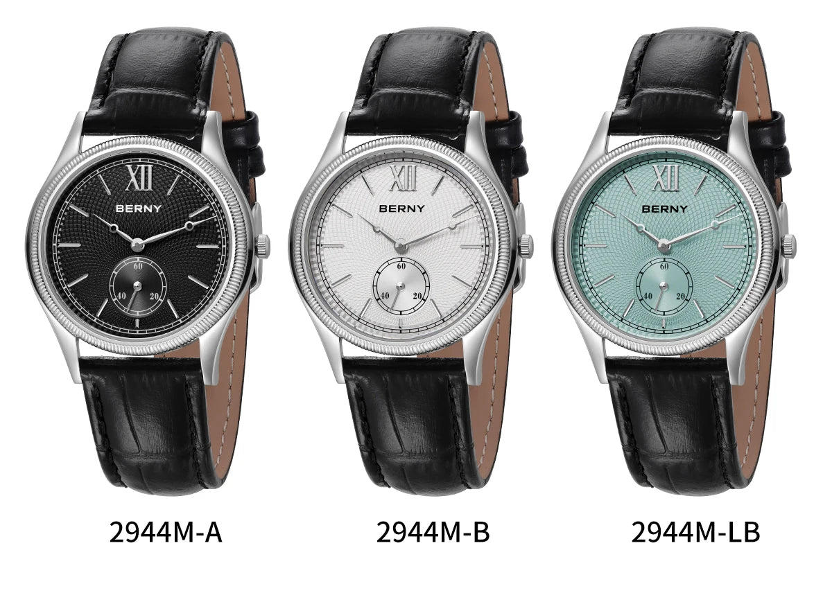 BERNY Men's Watches Slim Luxury Classic Stylish Dress Quartz Watch Fashion Elegance Leather Band Wristwatch