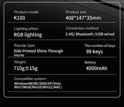 FREEWOLF K100 Wireless Keyboard Quiet with Media Knob|Side-print Backlit|4000mAh|26-Key Rollover Mechanical Feel Keyboard
