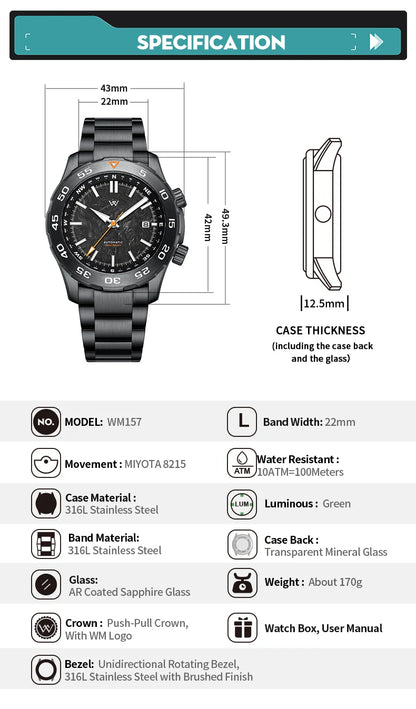 WM Watch Automatic Mechanical Watches Water Resistant Classic Casual Business Man Watch Welly Merck WM157M