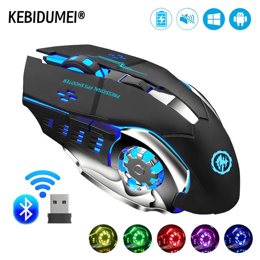 Mouse da gaming wireless ricaricabile silenzioso Bluetooth USB meccanico per e-sport con retroilluminazione, per PC e computer