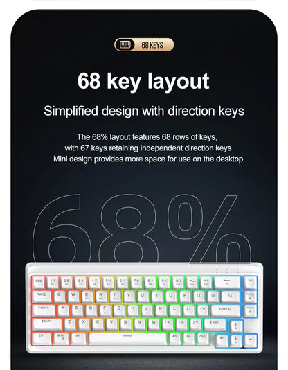 Teclado FREEWOLF M68SE com sensação mecânica, 68 teclas, mini teclado compacto com fios, silencioso, para portáteis, gaming e utilização em escritório