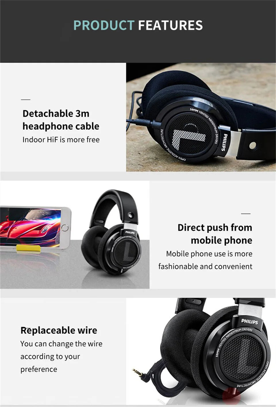 Philips SHP9500 HiFi Stereo Wired Headphones, 50mm Dynamic Driver Open-Back Headset for Gaming, Music, Study & Professional Audio