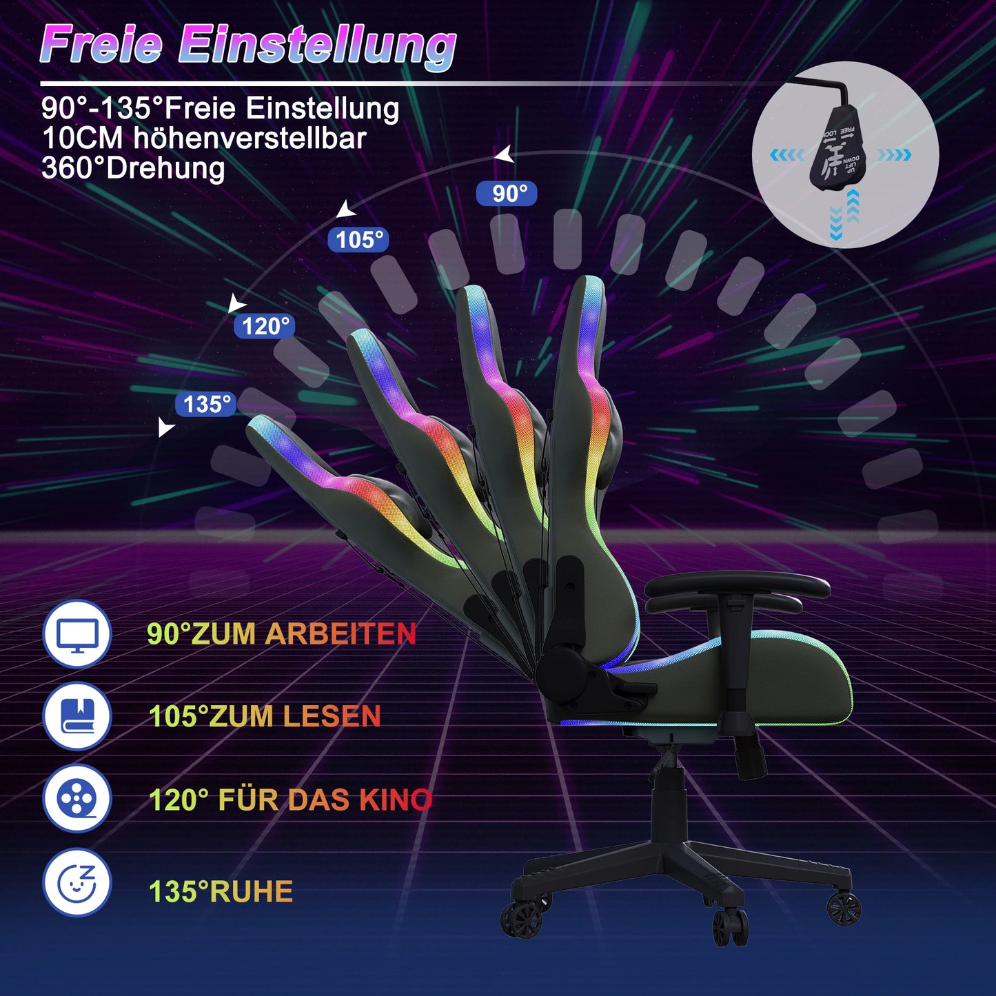 Rosahqnda Gaming Chair with Massage Function, Adjustable Office Chair, Gamer Chair with LED,Lumbar Cushion, Pillow,150 KG
