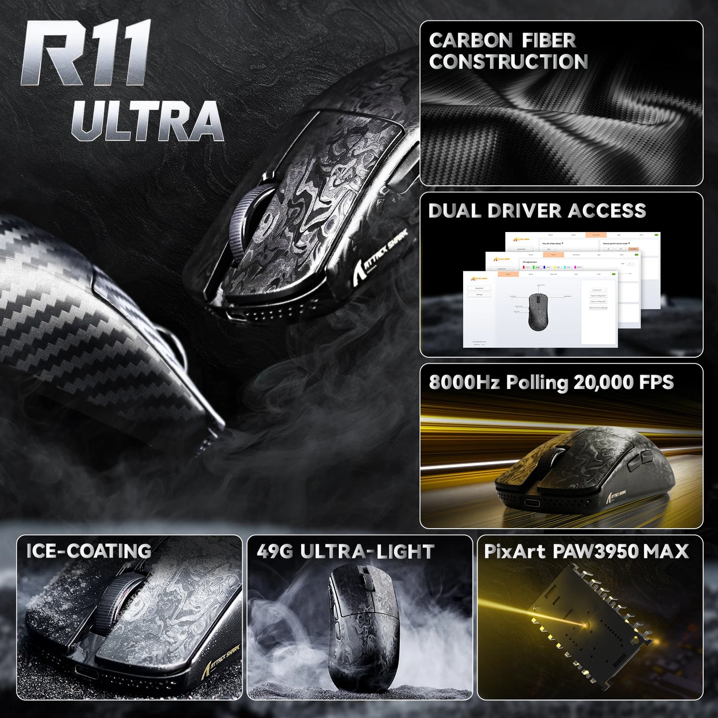 ATTACK SHARK R11 ULTRA trådlös gamingmus i kolfiber, 8000Hz, PAW3950MAX, 42000DPI, 49g lättvikt, 20000FPS, Nordic 52840