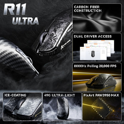 ATTACK SHARK R11 ULTRA trådlös gamingmus i kolfiber, 8000Hz, PAW3950MAX, 42000DPI, 49g lättvikt, 20000FPS, Nordic 52840