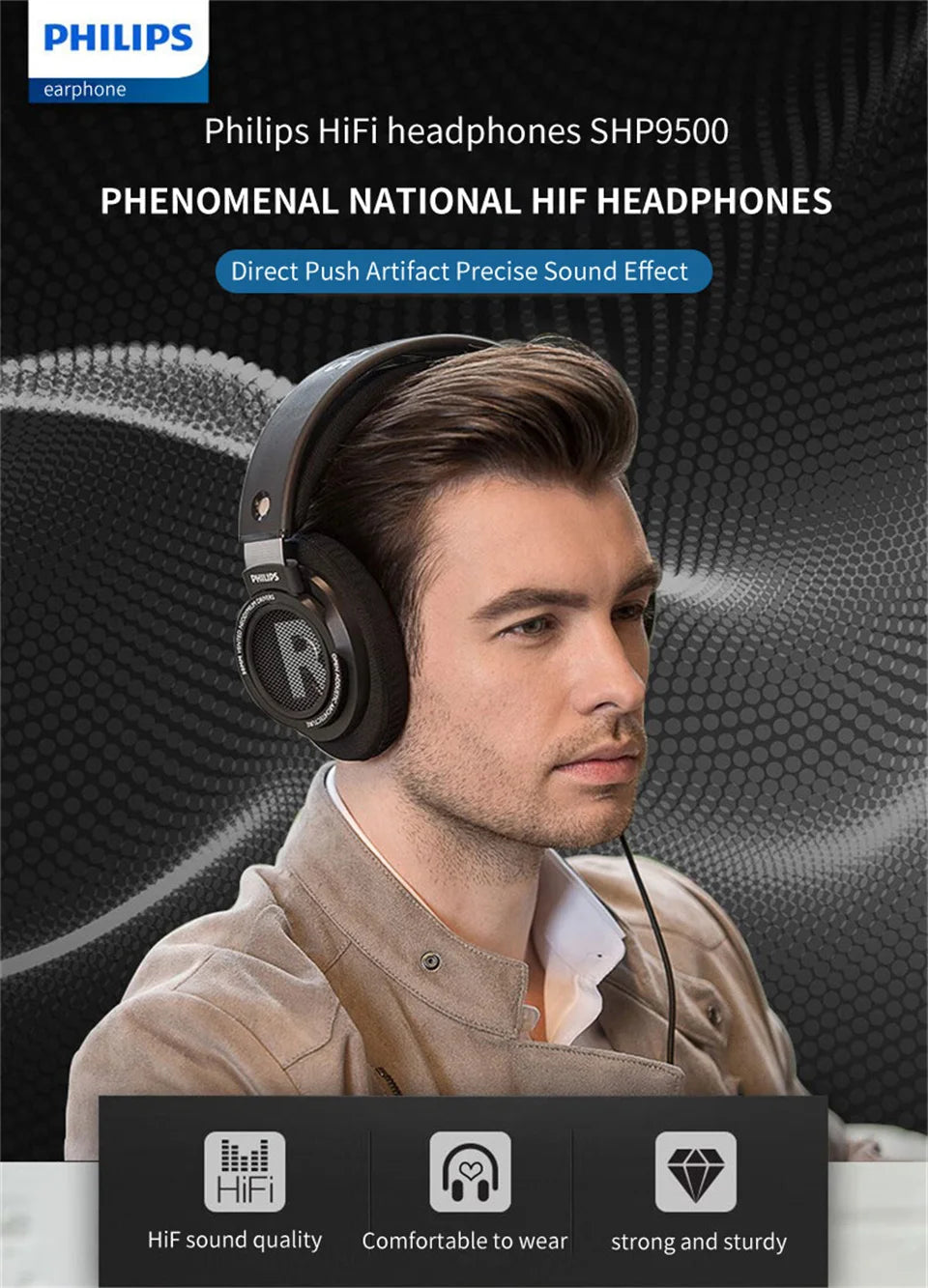 Philips SHP9500 HiFi Stereo Wired Headphones, 50mm Dynamic Driver Open-Back Headset for Gaming, Music, Study & Professional Audio