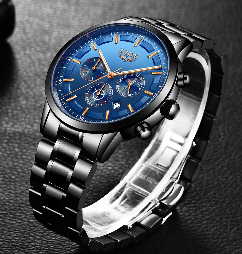 LIGE herenhorloge – Luxe quartz-chronograaf, waterdicht (3 bar), met lichtgevende wijzers – Cadeautip (inclusief doos)