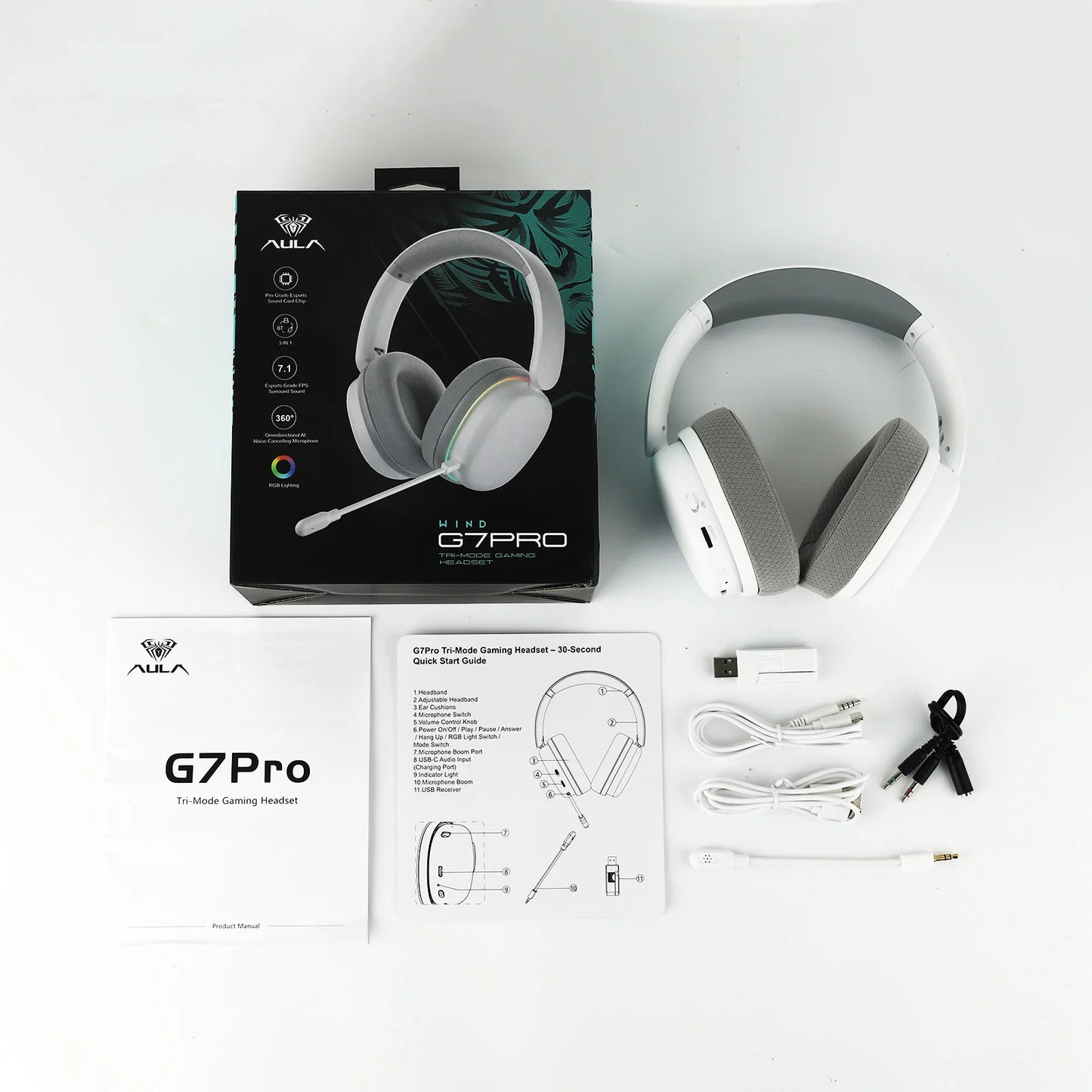 Auscultadores Gaming AULA G7 Pro sem fios Bluetooth 5.3 com som surround 7.1 e microfone com cancelamento de ruído para PS5/PS4/PC/Switch