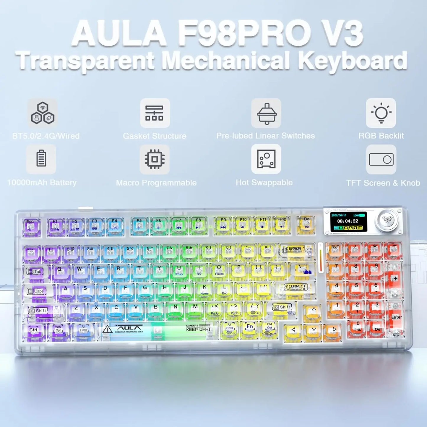AULA F98Pro V3 Mechanical Keyboard 3-mode Wireless Bluetooth Hot-swap E-sports Customized Transparent Keycaps RGB Game Keyboards