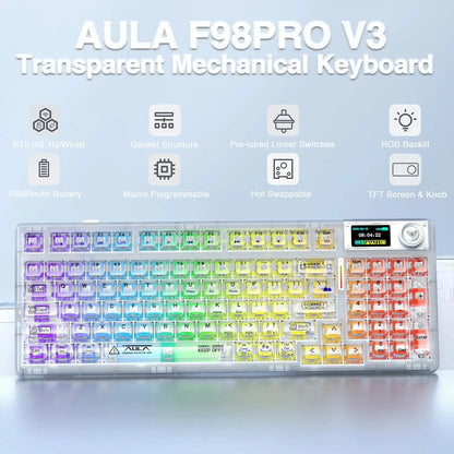 AULA F98Pro V3 Mechanical Keyboard 3-mode Wireless Bluetooth Hot-swap E-sports Customized Transparent Keycaps RGB Game Keyboards