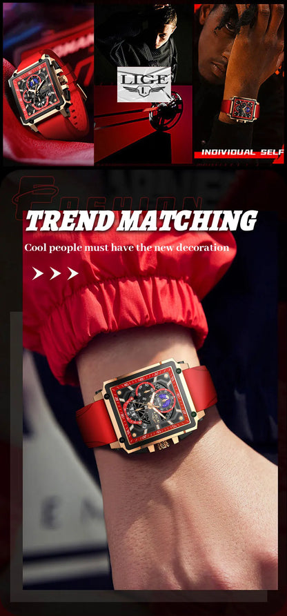 New LIGE Mens Watches Top Brand Luxury Hollow Square Sport Watch For Men Fashion Silicone Strap Waterproof Quartz WristWatch+Box