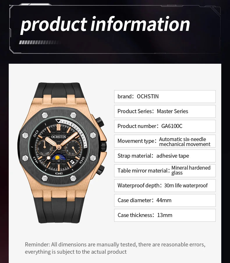 OCHSTIN Automatic Men Watches Luxury Designer Octagon Bezel Mechanical Date Day Night Dial Luminous Male Trendy Sport Wristwatch