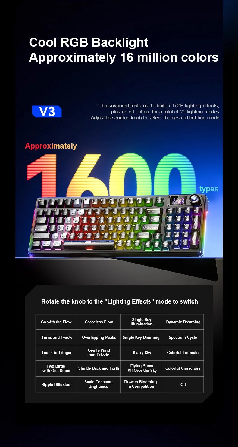 AULA F98Pro V3 Mechanical Keyboard W/ Rotate Button RGB Backlight Screen Tri-Modes Game E-sports Special Carved 95 Keycaps