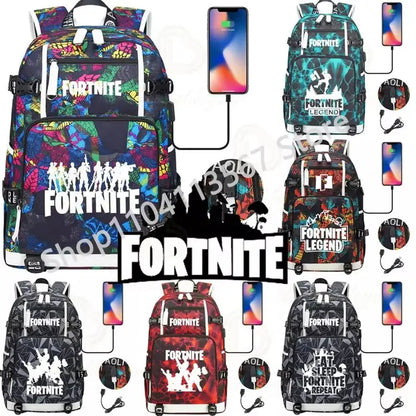 Yule Trooper F-Fortnited Battle Royale Backpack with USB Charging Anime Figures Study Stationery Compartment Students Mochila