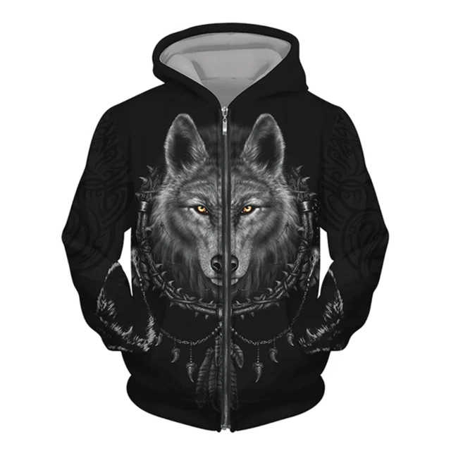 3D Wolf Print Men Zipper Hoodies Fashion Animal Pattern Top Coat Street Punk Style Oversized Sweatshirts Outdoor Leisure Jackets