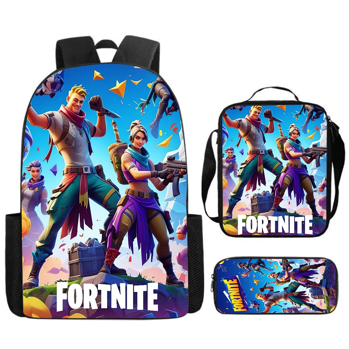 Fortnite Cartoon 3pcs Set, Large Capacity Suitable for Boys and Girls Aged 5-8, Includes Backpack, Dinner Bag, and  Pencil Case