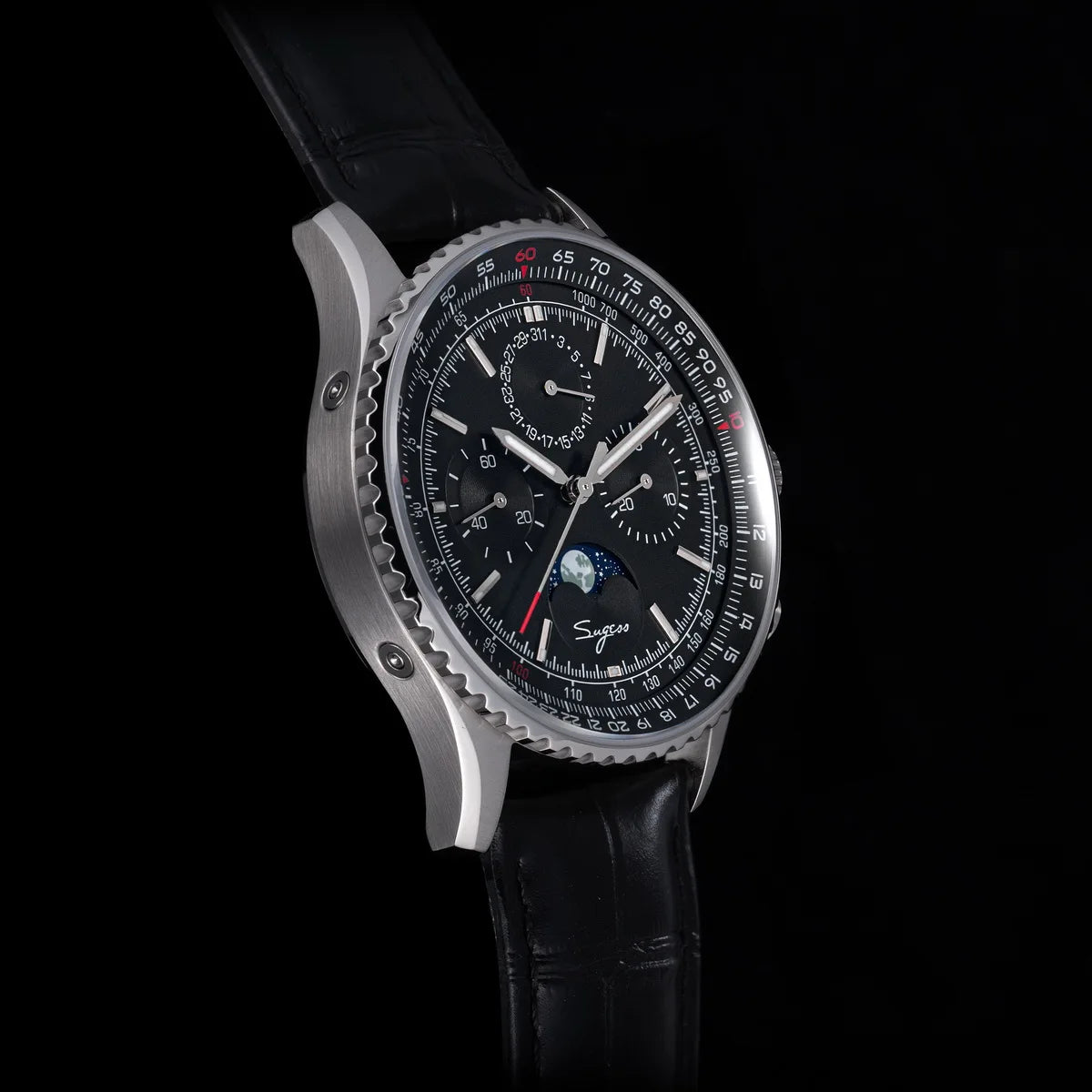 Sugess Chronograph Watch of Man ST1908 Swanneck Movement Mechanical Moonphase Wristwatches Waterproof Calendar Vintage New S468