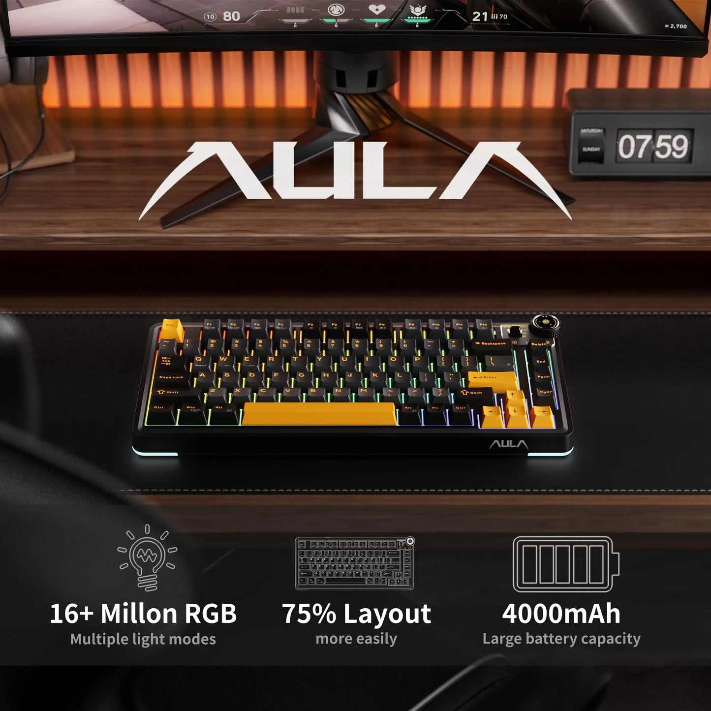 AULA AU75 Wireless Mechanical Keyboard 81 Keys Compact Hot Swappable Custom Keyboard 2.4G/USB/BT5.0 RGB Backlit Gaming Keyboard