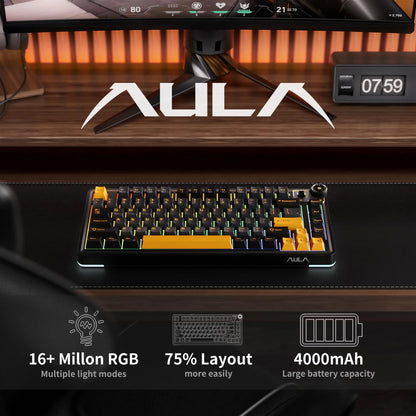 AULA AU75 Wireless Mechanical Keyboard 81 Keys Compact Hot Swappable Custom Keyboard 2.4G/USB/BT5.0 RGB Backlit Gaming Keyboard